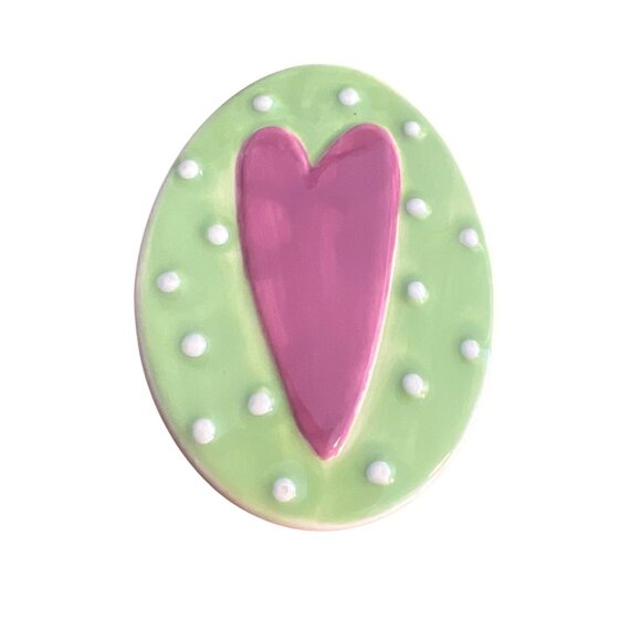 Vintage Porcelain Ceramic Pin Brooch Oval Green Mauve Heart Dots Estate 2.5" - Picture 1 of 5